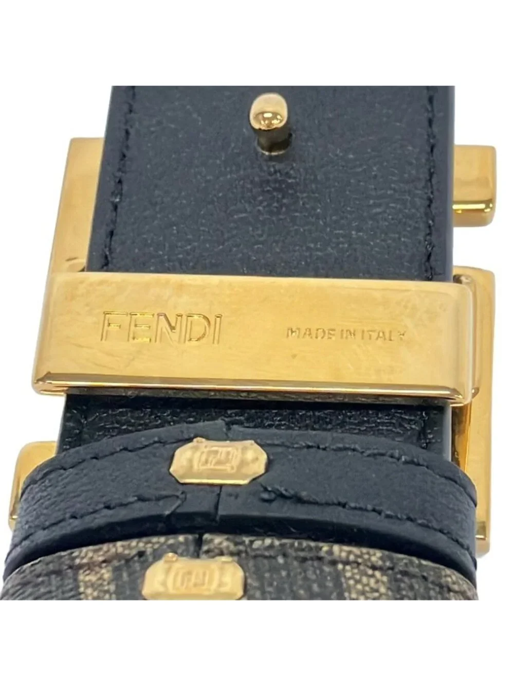 Fendi Belt Dark Brown Gold Zucca Pattern Reversible FF Square Leather